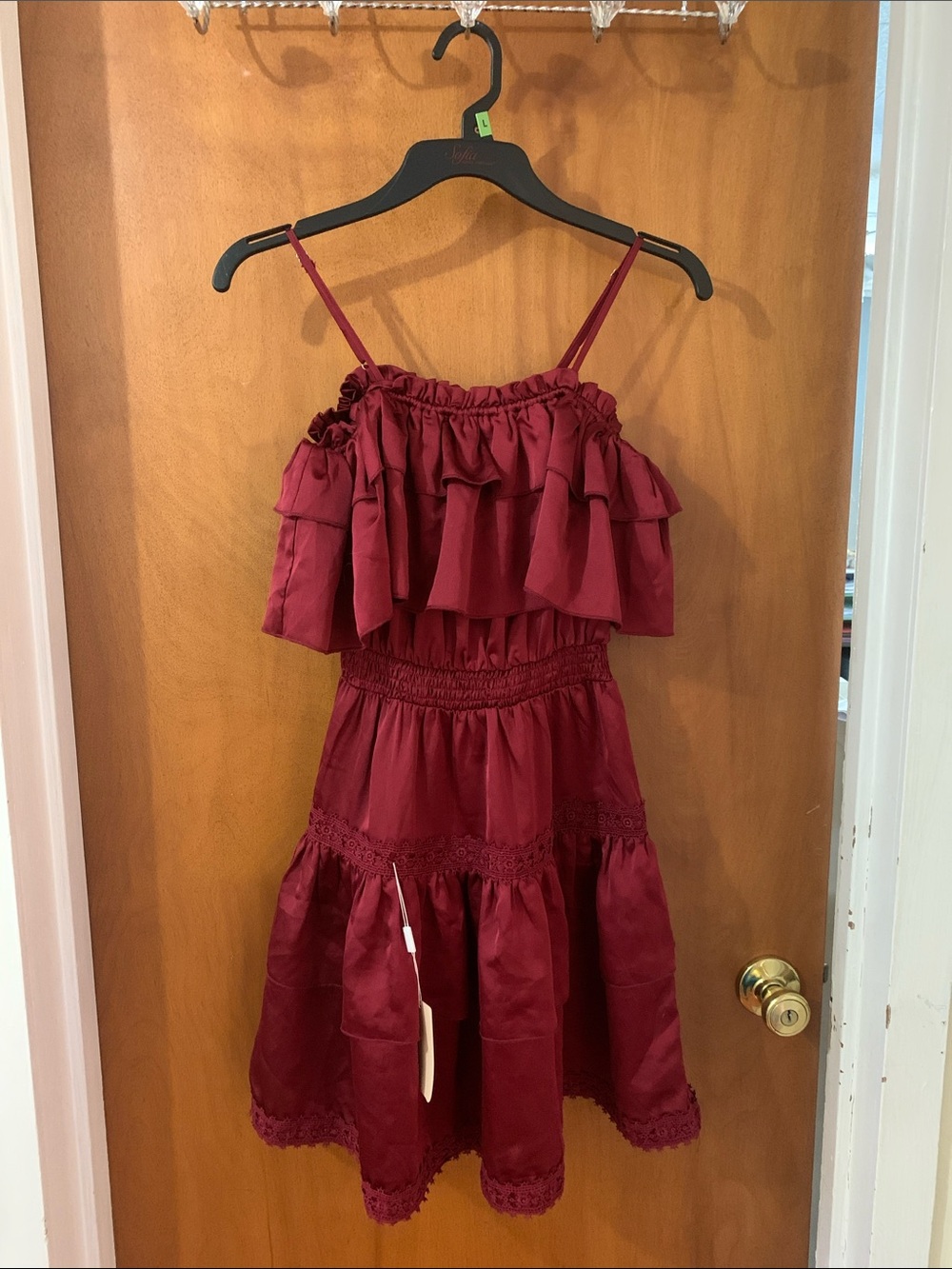 TwoSisters The Label Dark Red Tiered Off Shoulder Ruffle Dress